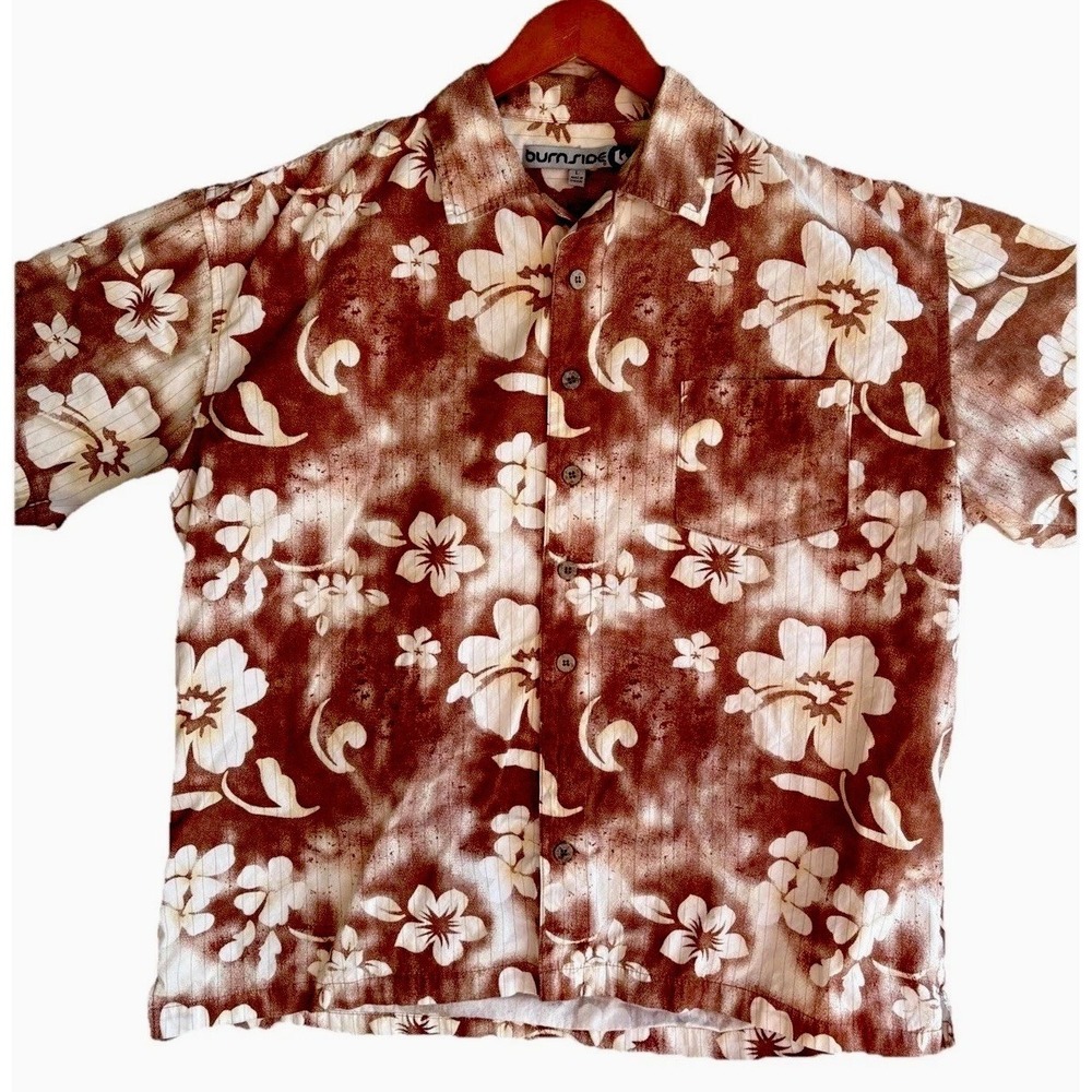 Burnside Hawaiian Shirt Mens Size L‎ Brown White Hibiscus Tropical Aloha